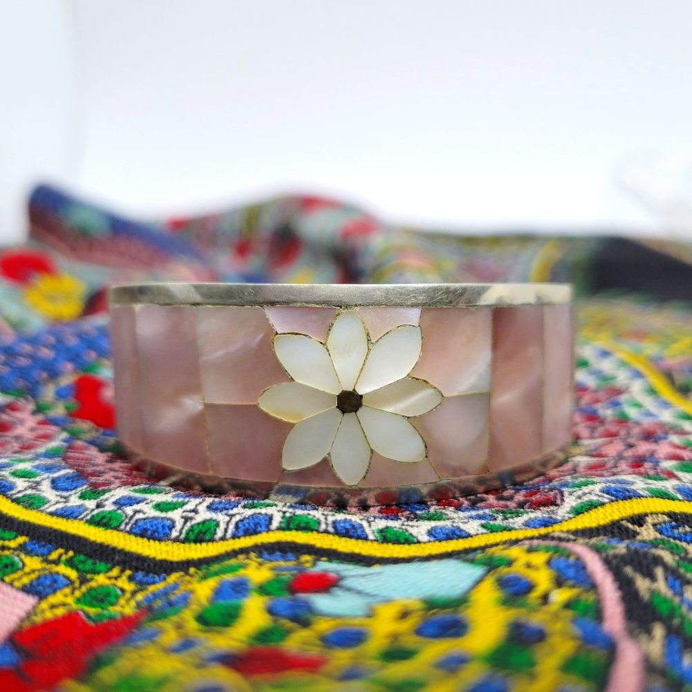 Vintage 925 Silver Mother of Pearl/Abalone floral inlay Cuff Bracelet Mexico